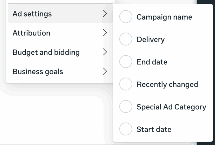 Ad settings - список параметрів групування