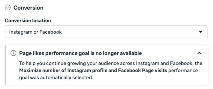 Повідомлення Page likes performance goal is no longer available