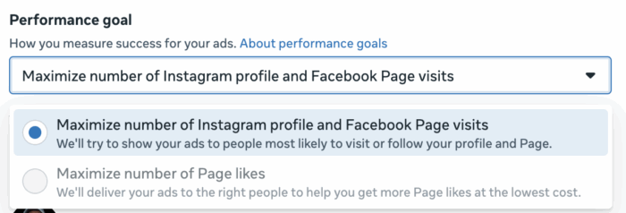 Performance goal - Maximize number of Instagram profile and Facebook Page visits